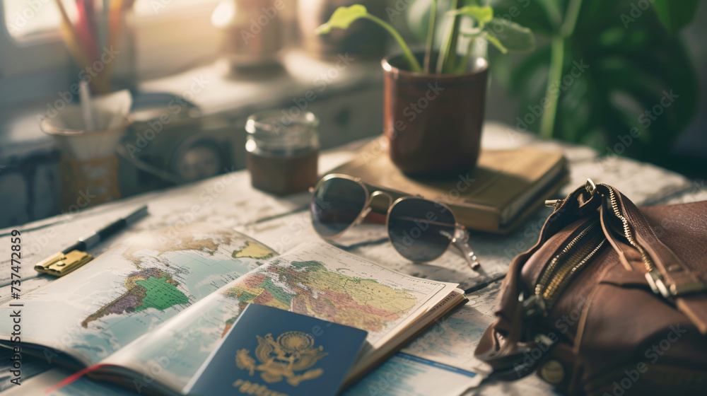 A neatly arranged composition of travel essentials, including an empty covered passport, sunglasses, and a map - obrazy, fototapety, plakaty 