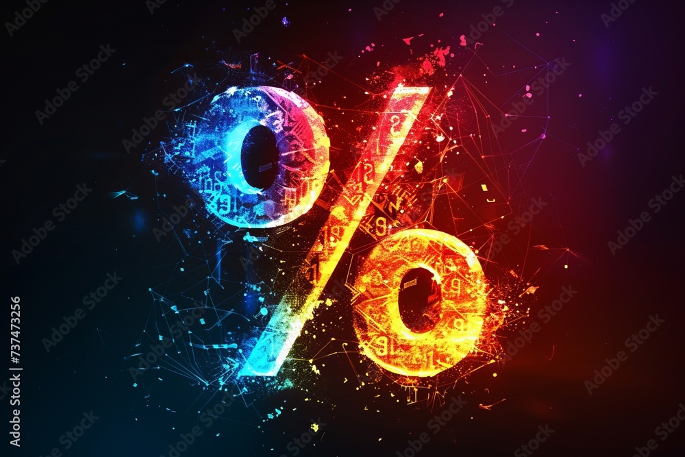 Glowing blue and red percentage sign made of particles on a black background - obrazy, fototapety, plakaty 