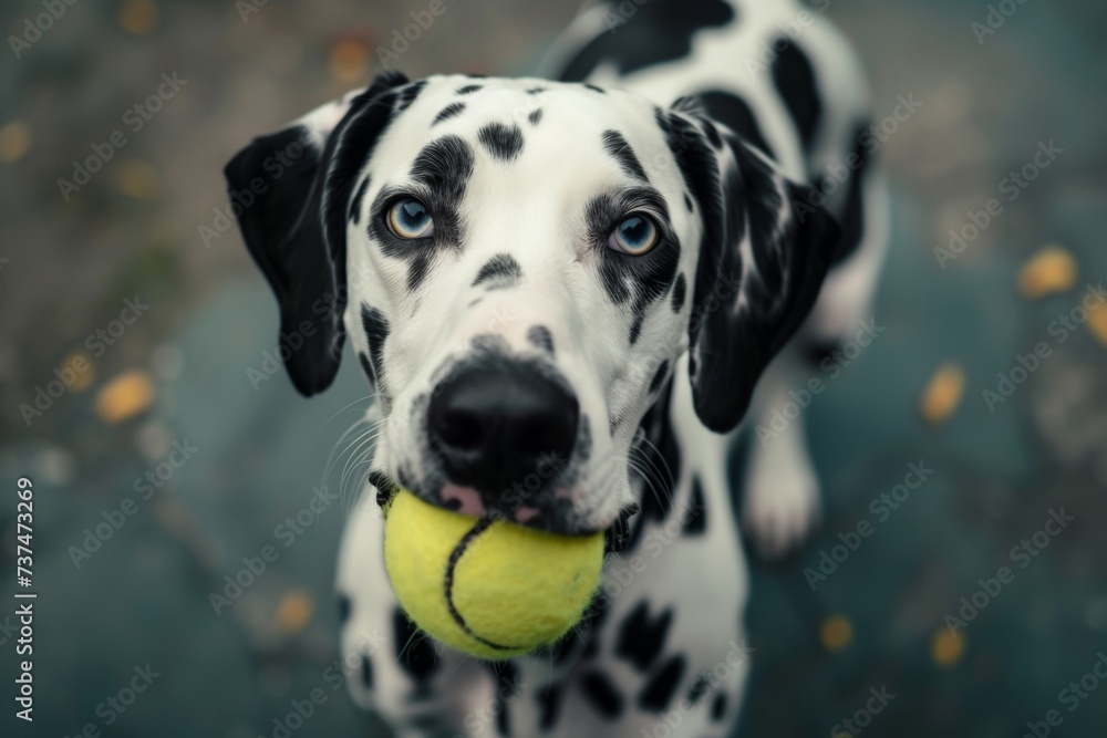 Dalmatian Holding a Ball in Autumn - This image showcases a Dalmatian dog with a ball in its mouth during the fall season. The warm tones of the autumn leaves create a beautiful contrast with the dog'