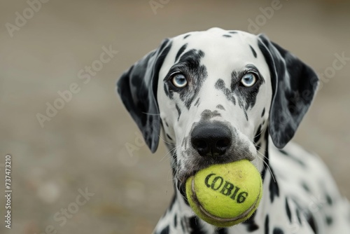 Playful Dalmatian with Tennis Ball - This image captures the essence of joy and playfulness as a friendly Dalmatian holds a tennis ball in its mouth, ready for a game of fetch. Set against the backdro