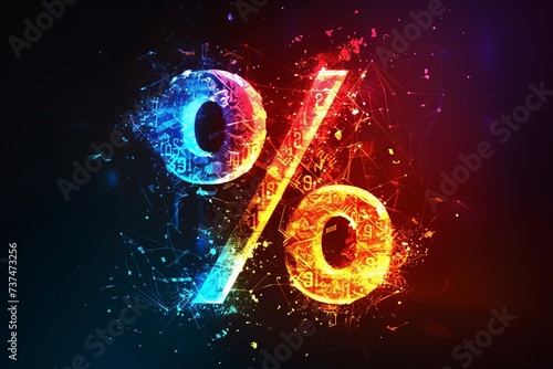 Glowing blue and red percentage sign made of particles on a black background photo