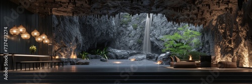 Mountain Waterfall Cave Style Interior - Mountain Cave Dining Room Backdrop - Beautiful Bright Dining Room Indoor Background - Cave Waterfall Dining Room Design created with Generative AI Technology © InteriorArchitecture