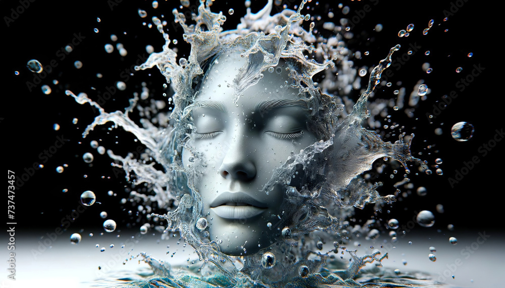 A serene face surrounded by a dynamic splash of water, illustrating tranquility amidst chaos, captured in a moment of surreal, frozen motion.Digital art concept. AI generated.