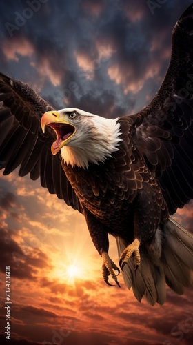 A majestic bald eagle soars through the sky with its wings spread wide