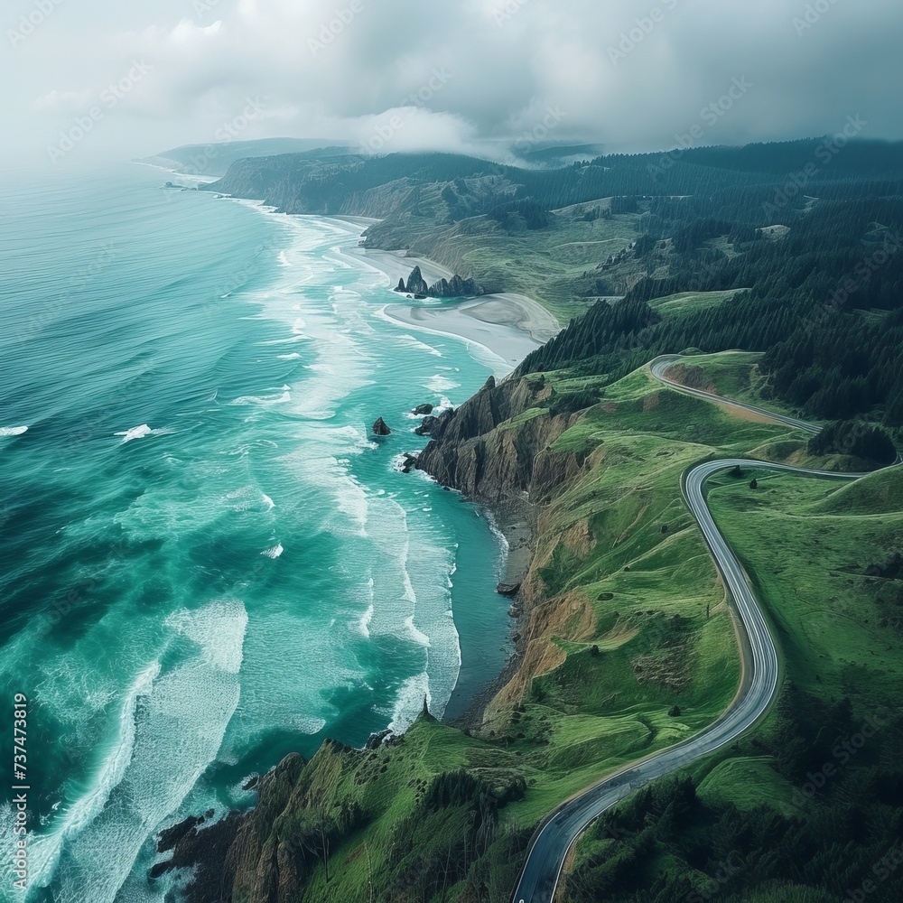 A road winds along the coast of a rugged green headland