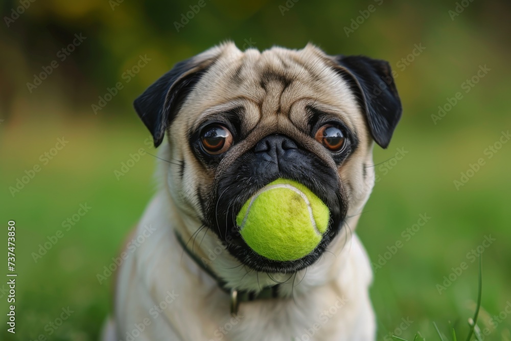 Pug with a Tennis Ball - Adorable pug dog holding a tennis ball in mouth