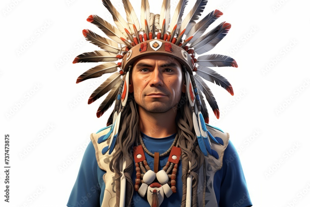 Portrait of a Native American man wearing a traditional headdress