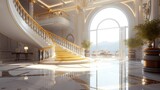A staircase in a luxurious mansion with a balcony and a large window overlooking a mountainous landscape