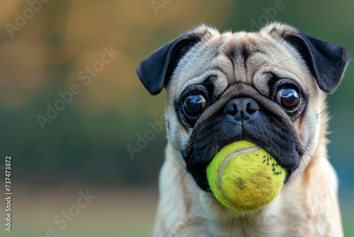 Adorable Pug with Tennis Ball - A captivating close-up of a pug holding a yellow tennis ball. The image showcases the dog's innocent expression and the joy of play, 