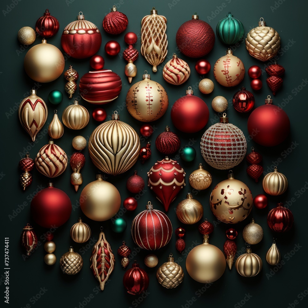 A variety of Christmas ornaments in red, gold, and green hang against a dark green background. A variety of Christmas ornaments in red, gold, and green hang against a dark green background.