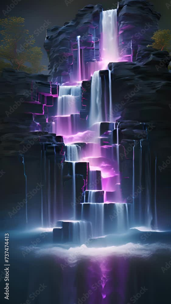 A surreal magic waterfall glows with vibrant neon pink and blue lights ...