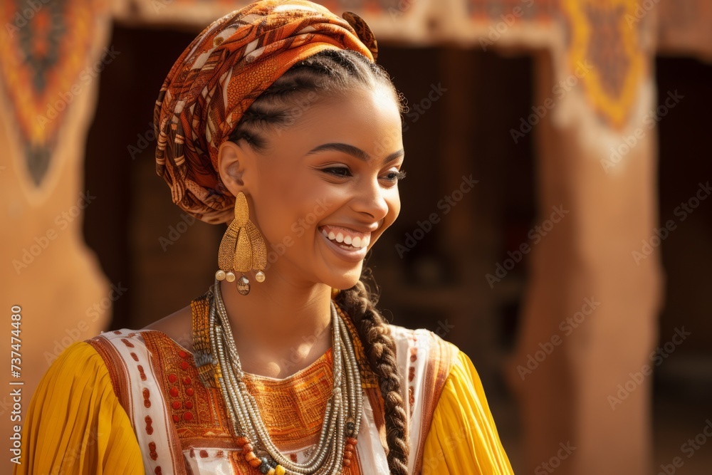 Portrait of a smiling African woman wearing a head wrap and traditional clothing
