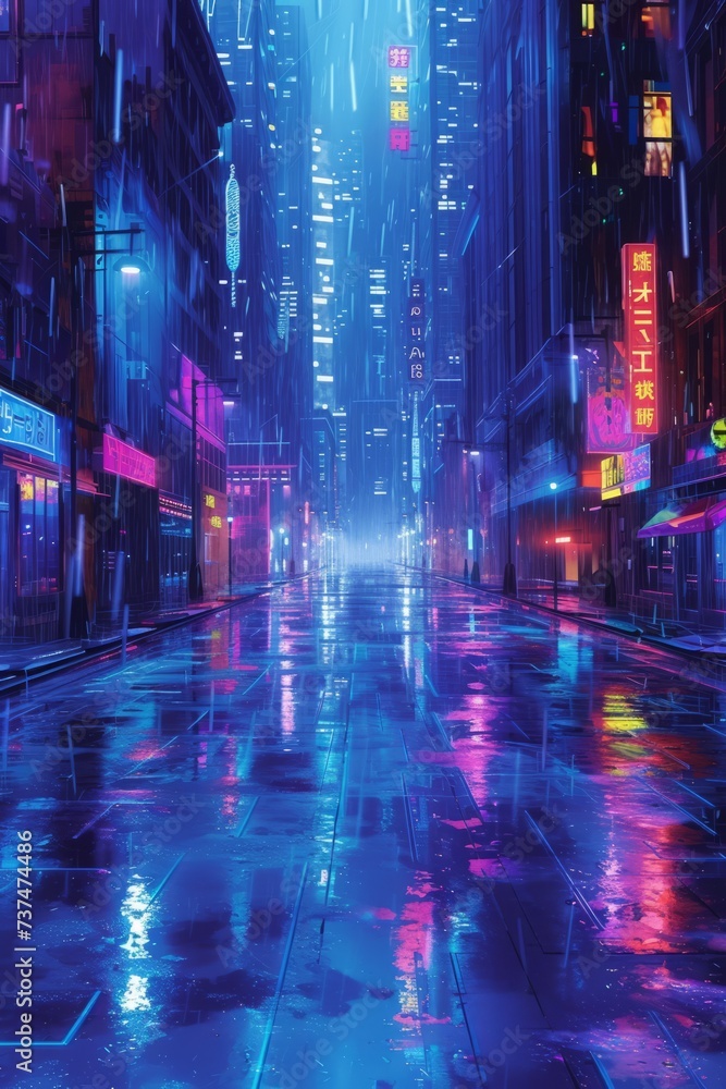 A rainy night in a cyberpunk city street with neon lights reflecting off the wet pavement