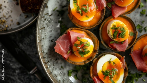 Elegant Soft Boiled Eggs Dish - Artfully presented soft boiled eggs with prosciutto and parsley, perfect for culinary blogs and gourmet breakfast menus.
