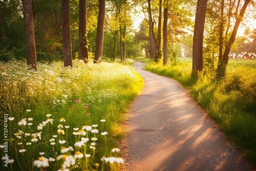 Country road through a lush green field with white flowers on the side photo