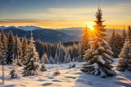 A beautiful winter landscape of snow covered pine trees and snow capped mountains in the distance with bright sunlight shining through the trees