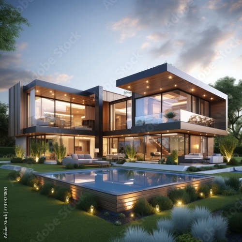 A modern house with a pool and a beautiful landscape © Adobe Contributor