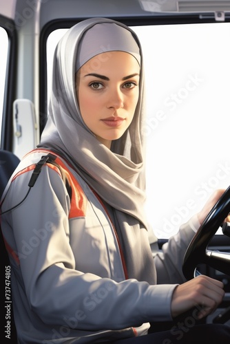 A young woman wearing a hijab is driving a vehicle photo