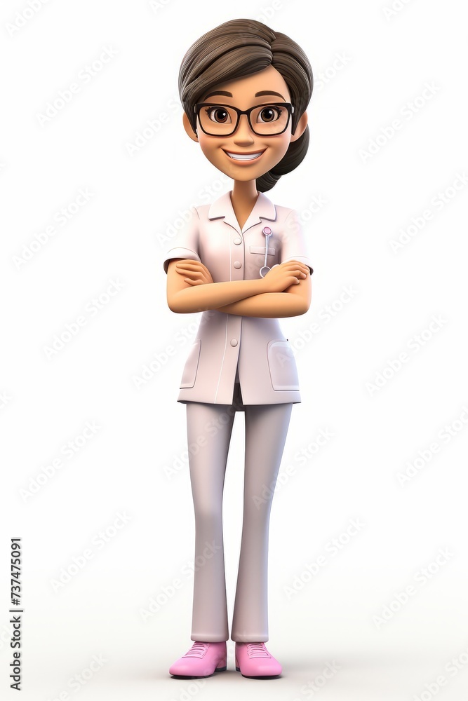 A 3D illustration of a female doctor with brown hair wearing glasses and a pink stethoscope A 3D illustration of a female doctor with brown hair wearing glasses and a pink stethoscope
