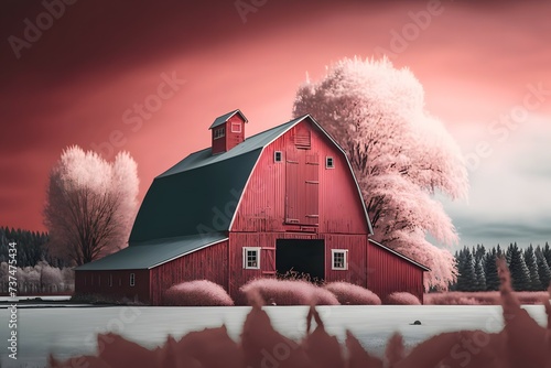 red barn with a pastel backdrop