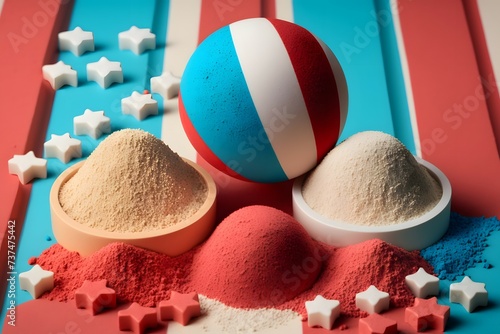 red, white, and blue sand toys with a pastel backdrop