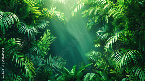 A Dense Jungle Scene  Rich with Green Foliage  Inviting the Viewer into the Depths of a Tropical Paradise Untouched by Time