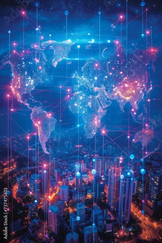 A digital illustration of a city at night with a glowing network of connections above it.