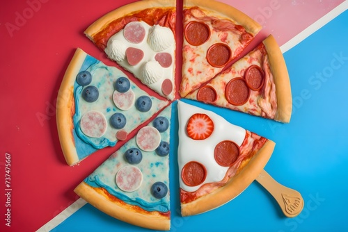 red, white, and blue pizza with a pastel backdrop