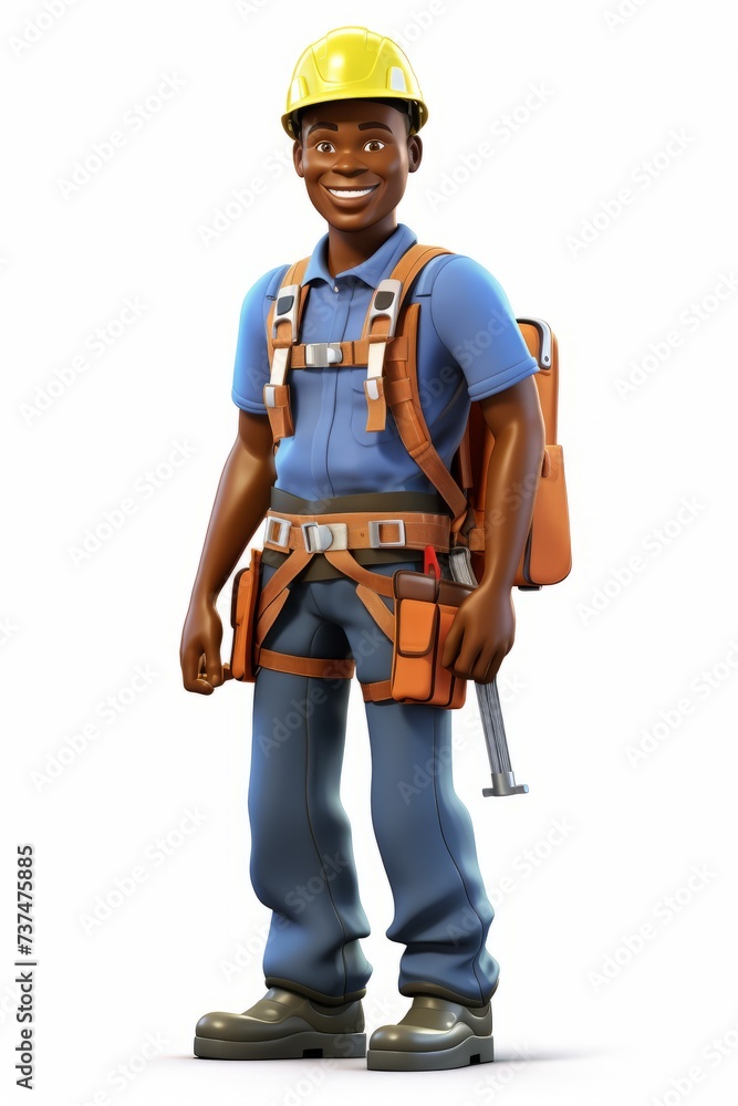 Black construction worker wearing hardhat, tool belt, and safety harness Black construction worker wearing hardhat, tool belt, and safety harness