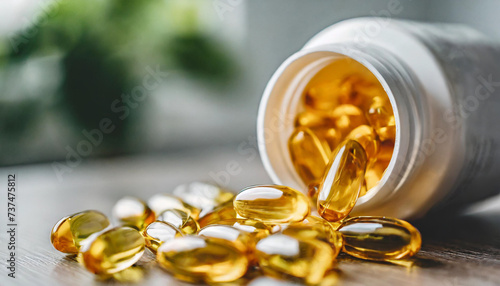 Bright yellow fish oil capsules or vitamin D capsules on a soft surface, symbolizing health and wellness at home