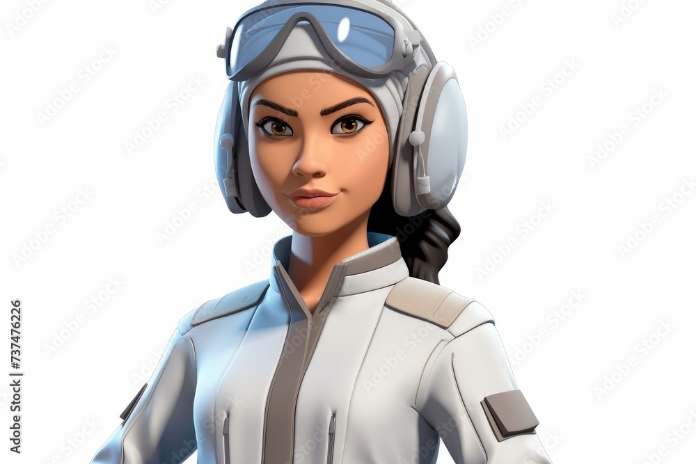A headshot of a young woman in a white flight suit and goggles