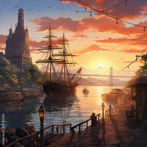 Harbor at sunset with large sailing ship and suspension bridge photo