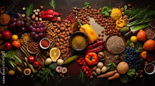 A variety of fresh and healthy food ingredients are arranged on a dark wooden table.