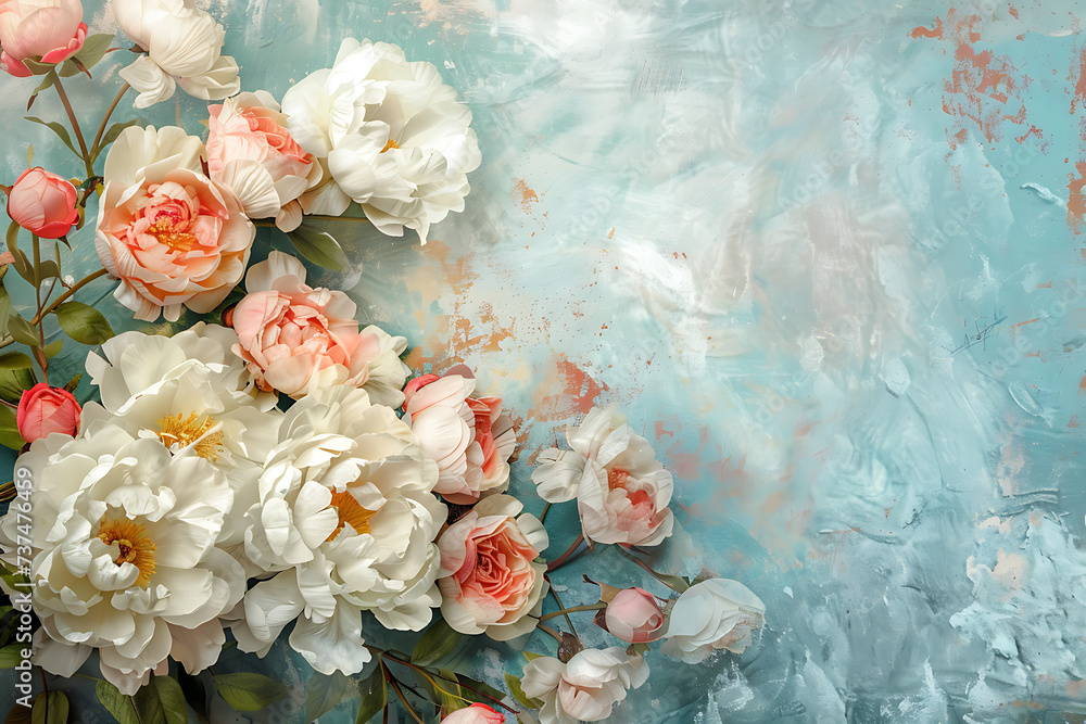 white roses pink peonies on a light blue wall backgro