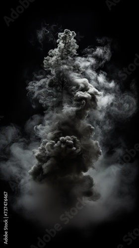 Black and white photo of a tree surrounded by smoke