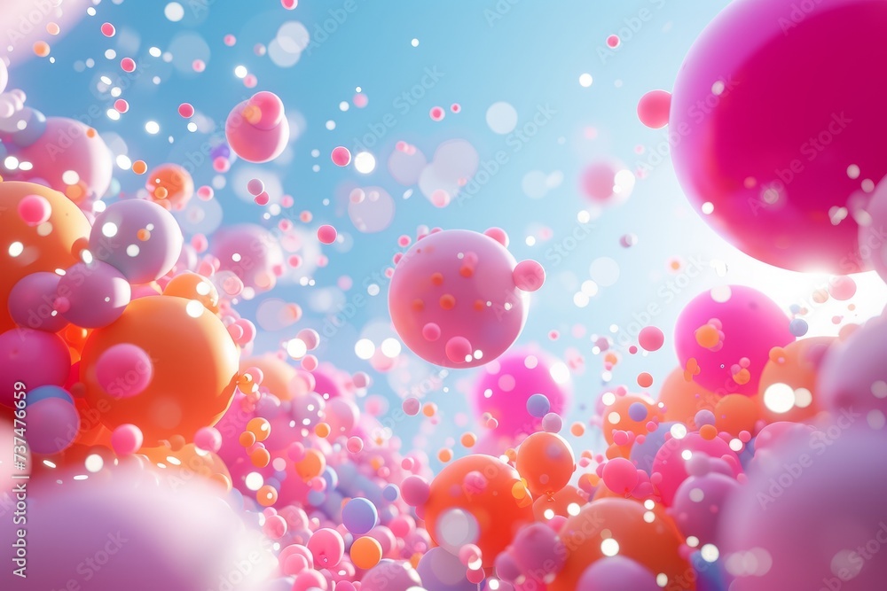 pastel candy-coated bouncy balls floating upwards against a pale blue sky