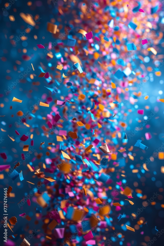 Colorful confetti falling on blue background
