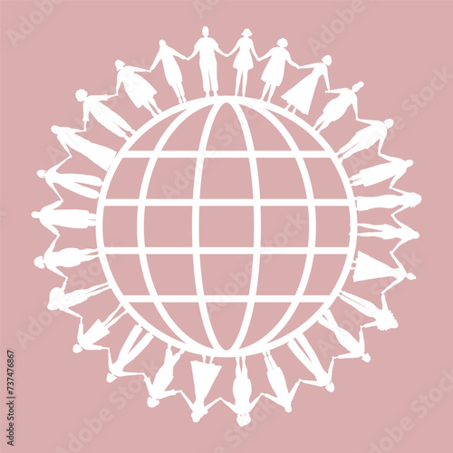 Women silhouettes. White on pink. Women are holding hands, stand around the globe. International Women's Day or Earth day concept. Multicultural group of people. Vector illustration