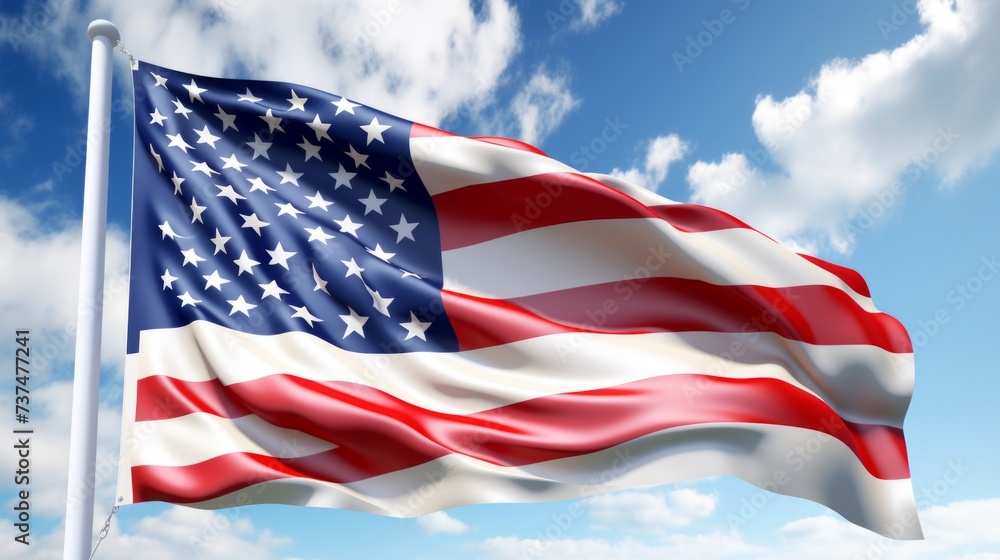 Fototapeta premium Waving American flag against a blue sky with clouds