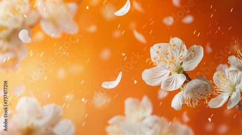 A shot of white spring plum flowers and flying petals on blurred orange background with selective focus on flowers. Abstract