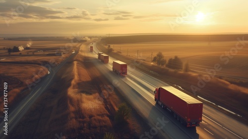 A group of trucks traveling in a convoy down a rural road photo