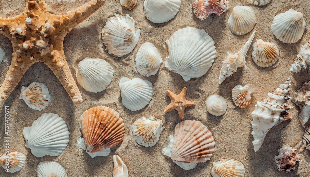 top view of a sandy beach with collection of seashells and starfish as natural textured background for aesthetic summer design