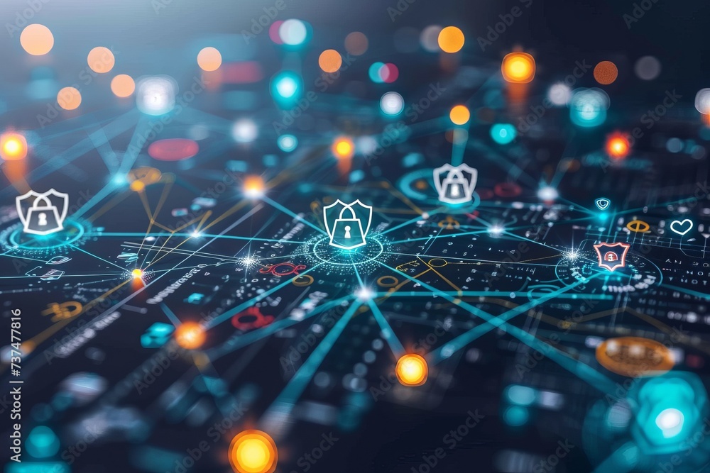 A digital illustration of a computer network with glowing nodes and a glowing blue circuit board in the background. A digital illustration of a computer network with glowing nodes and a glowing blue circuit board in the background.