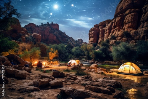 Three people camping under the starry sky
