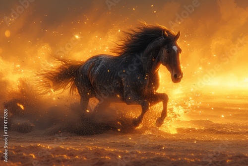 A horse running in the desert with a fiery mane and tail © Adobe Contributor