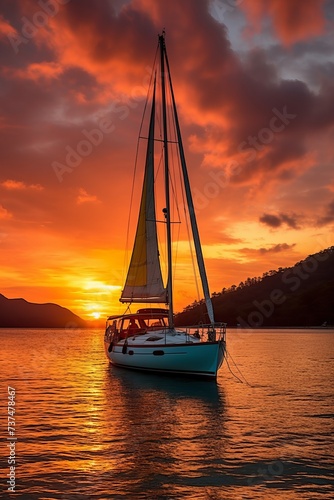 A sailboat on the calm water with a beautiful sunset in the background