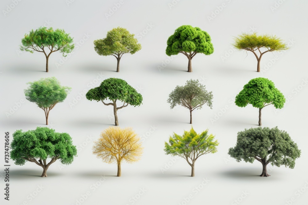 3D illustration of different types of trees - obrazy, fototapety, plakaty 