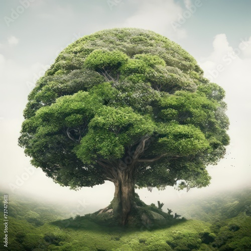 a green big tree, with grass and tree, light yellow and dark indigo, dark, foreboding landscapes, naturalistic depictions of flora and fauna, forestpu