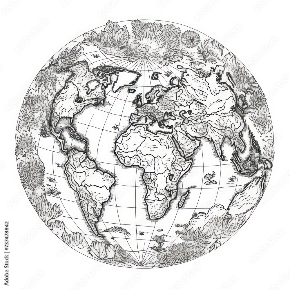  ornament world map white globe from globes, in the style of engraved line-work - obrazy, fototapety, plakaty 