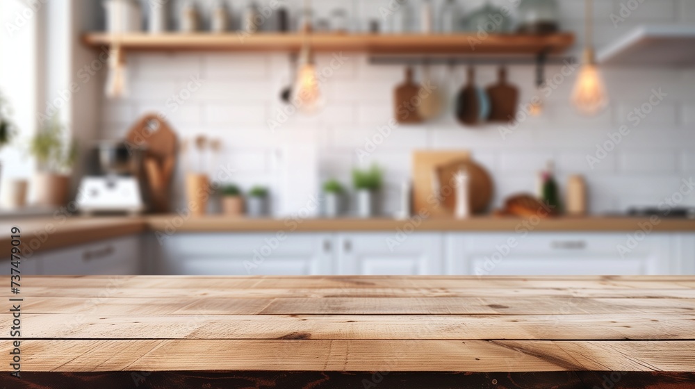 Empty beautiful wood table top counter and blur bokeh modern kitchen interior background in clean and bright